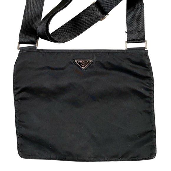 AUTHENTIC PRADA NYLON CROSS-BODY FLAT ZIPPER BAG BLACK, H: 10” X W: 12.25” - Picture 9 of 14